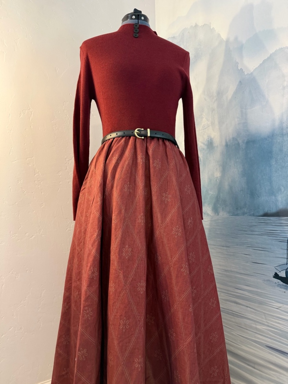 Women's Burgundy Diamond-Print Maxi Dress Classic A-Line #167